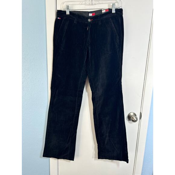 Y2K Tommy Jeans Pants Size 7 Black Velvet Pinstripe Flare Leg Whimsygoth Office - Picture 1 of 9